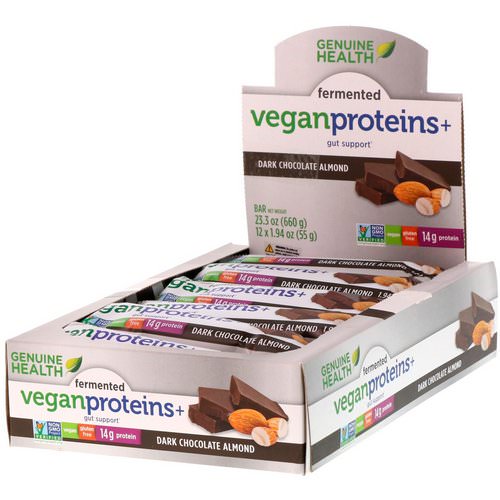 Genuine Health, Fermented Vegan Proteins+, Dark Chocolate Almond, 12 Protein Bars, 1.94 oz (55 g) Each فوائد