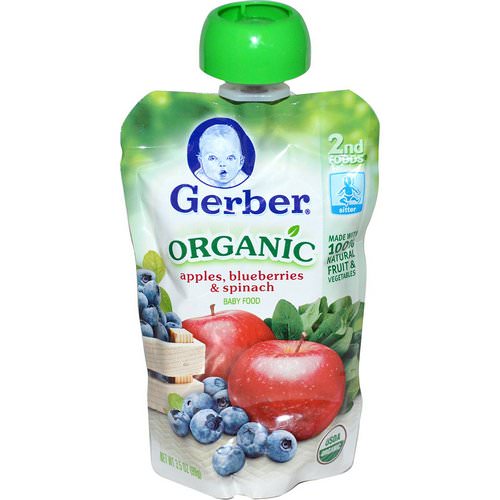 Gerber, 2nd Foods, Organic Baby Food, Apples, Blueberries & Spinach, 3.5 oz (99 g) فوائد