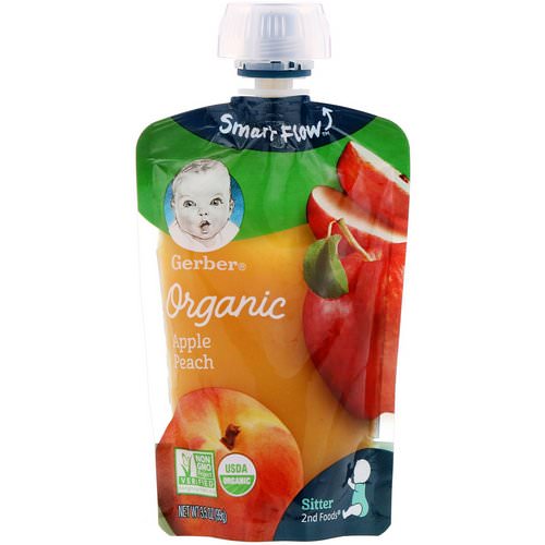Gerber, Smart Flow Sitter 2nd Foods, Organic Baby Food, Apples & Summer Peaches, 3.5 oz (99 g) فوائد