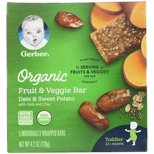Gerber, Organic Fruit & Veggie Bar, 12+ months, Date & Sweet Potato, 5 Individually Wrapped Bars, 4.2 oz (120 g) فوائد