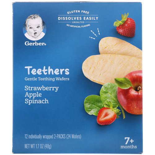 Gerber, Teethers, Gentle Teething Wafers, 7+ Months, Strawberry Apple Spinach, 24 Wafers, 1.7 oz (48 g) فوائد