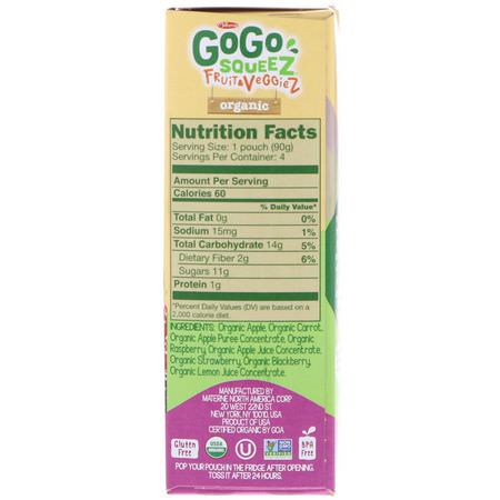 GoGo SqueeZ, Organic Fruit and VeggieZ, Boulder Berry, 4 Pouches, 3.2 oz (90 g) Each:,جبات, هريس