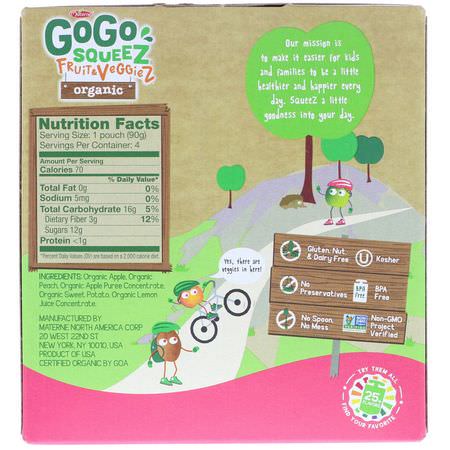 GoGo SqueeZ, Organic Fruit and VeggieZ, Pedal Pedal Peach, 4 Pouches, 3.2 oz (90 g) Each:,جبات, هريس