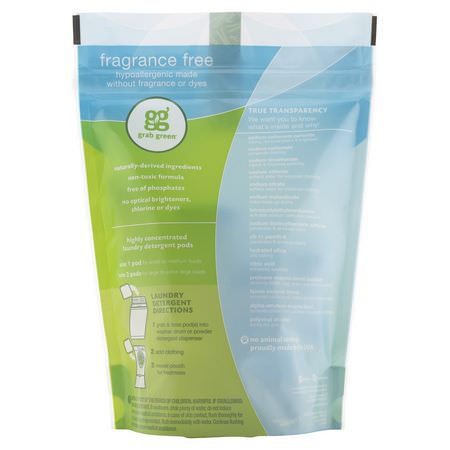 Grab Green, 3-in-1 Laundry Detergent Pods, Fragrance Free, 24 Loads, 15.2 oz (432 g):المنظفات, الغسيل