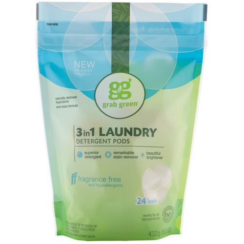 Grab Green, 3-in-1 Laundry Detergent Pods, Fragrance Free, 24 Loads, 15.2 oz (432 g) فوائد