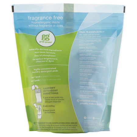 Grab Green, 3-in-1 Laundry Detergent Pods, Fragrance Free, 60 Loads, 2lbs, 6oz (1,080 g):المنظفات, الغسيل