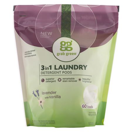 Grab Green, 3-in-1 Laundry Detergent Pods, Lavender with Vanilla, 60 Loads,2lbs, 6oz (1,080 g):المنظفات, الغسيل