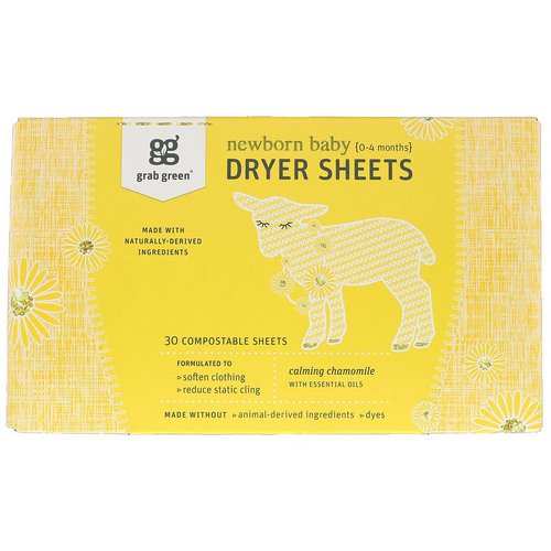 Grab Green, Dryer Sheets, Newborn Baby, Calming Chamomile with Essential Oils, 0-4 Months, 30 Compostable Sheets فوائد