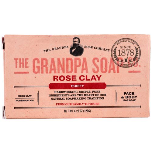 Grandpa's, Face & Body Bar Soap, Purify, Rose Clay, 4.25 oz (120 g) فوائد