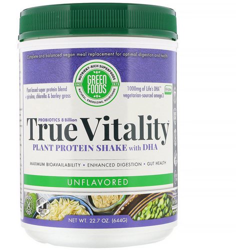 Green Foods, True Vitality, Plant Protein Shake with DHA, Unflavored, 1.4 lbs (644 g) فوائد