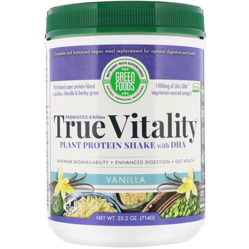 Green Foods, True Vitality, Plant Protein Shake with DHA, Vanilla, 1.57 lbs (714 g) فوائد