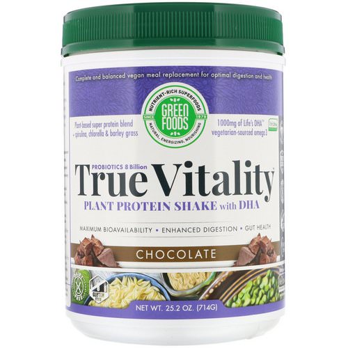 Green Foods, True Vitality, Plant Protein Shake with DHA, Chocolate, 1.57 lbs (714 g) فوائد
