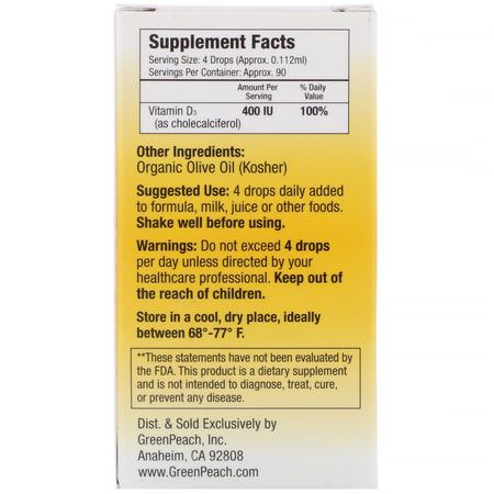 GreenPeach, Infants & Kids + Adults, Liquid Vitamin D3, 400 IU, 0.34 fl oz (10 ml):فيتامين (د), الفيتامينات