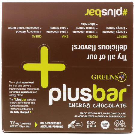 Greens Plus, Plusbar, Energy Chocolate, 12 Bars, 2 oz (59 g) Each:القضبان الغذائية, قضبان الطاقة