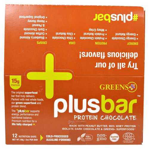 Greens Plus, Plusbar, Protein Chocolate, 12 Bars, 2 oz (59 g) Each فوائد