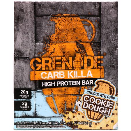 Grenade, Carb Killa, High Protein Bar, Chocolate Chip Cookie Dough, 12 Bars, 2.12 oz (60 g) Each:أشرطة بر,تين مصل, أشرطة البر,تين