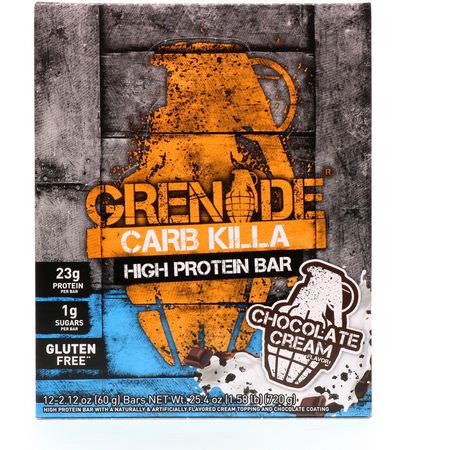 Grenade, Carb Killa, High Protein Bar, Chocolate Cream, 12 Bars, 2.12 oz (60 g) Each:أل,اح بر,تين مصل اللبن, أل,اح بر,تين الحليب