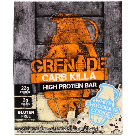 Grenade, Carb Killa High Protein Bar, White Chocolate Cookie, 12 Bars, 2.12 oz (60 g) Each:أل,اح بر,تين مصل اللبن, أل,اح بر,تين الحليب