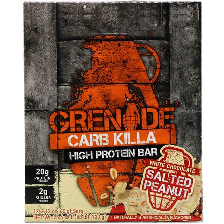 Grenade, Carb Killa, High Protein Bar, White Chocolate Salted Peanut, 12 Bars, 2.12 oz (60 g) Each:أل,اح بر,تين الحليب, قضبان بر,تين مصل الحليب