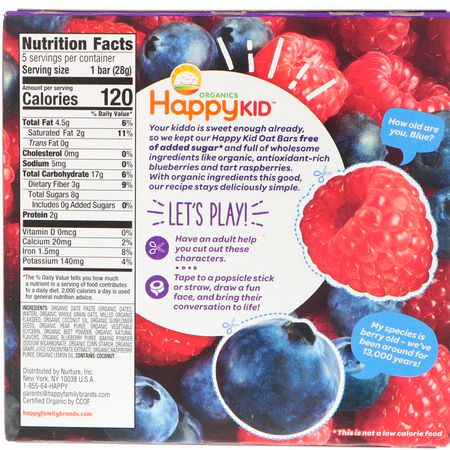 Happy Family Organics, Happy Kid, Blueberry + Raspberry, Fruit & Oat Bar, 5 Bars, 0.99 oz (28 g) Each:وجبات خفيفة, أشرطة