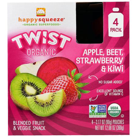 Happy Family Organics, Happy Squeeze, Organic Superfoods, Twist, Organic Apple, Beet, Strawberry & Kiwi, 4 Pouches, 3.17 oz (90 g) Each:,جبات, هريس