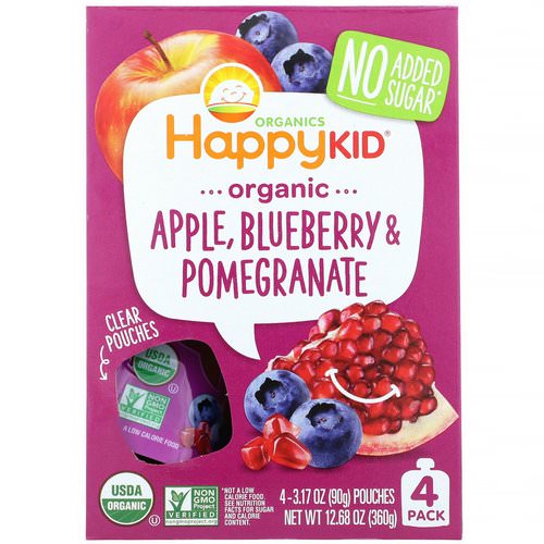 Happy Family Organics, Happy Kid, Organic Apple, Blueberry & Pomegranate, 4 Pouches, 3.17 oz (90 g) Each فوائد