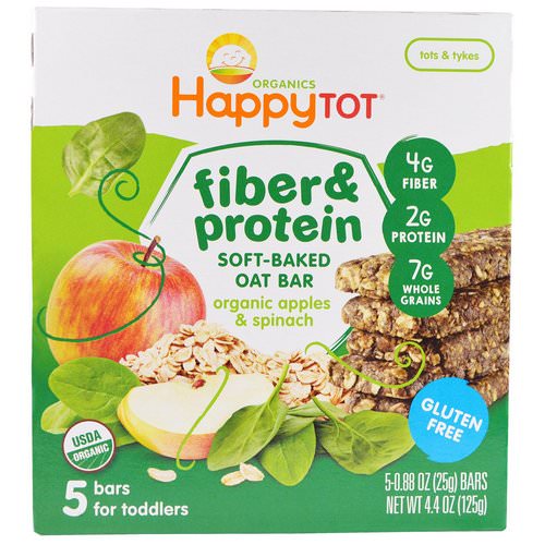 Happy Family Organics, Happytot, Fiber & Protein Soft-Baked Oat Bar, Organic Apples & Spinach, 5 Bars, 0.88 oz (25 g) Each فوائد