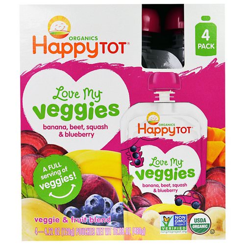 Happy Family Organics, HappyTot, Love My Veggies, Banana, Beet, Squash & Blueberry, 4 Pouches, 4.22 oz (120 g) Each فوائد
