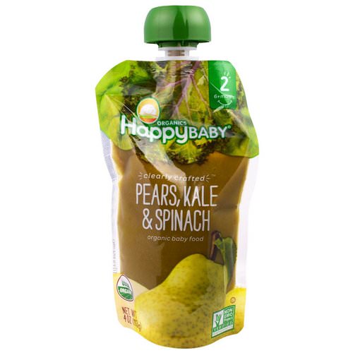 Happy Family Organics, Organic Baby Food, Stage 2, Clearly Crafted, 6+ Months, Pears, Kale & Spinach, 4.0 oz (113 g) فوائد
