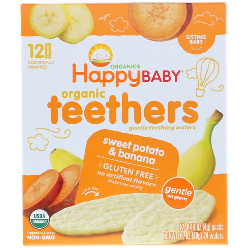 Happy Family Organics, Organic Teethers, Gentle Teething Wafers, Sitting Baby, Sweet Potato & Banana, 12 Packs, 0.14 oz (4 g) Each فوائد