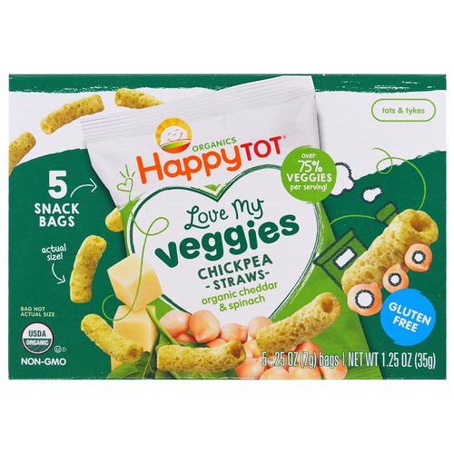 Happy Family Organics, Organics Happy Tot, Love My Veggies, Chickpea Straws Snack Bags, Organic Cheddar & Spinach, 5 Bags, 0.25 oz (7 g) Each فوائد