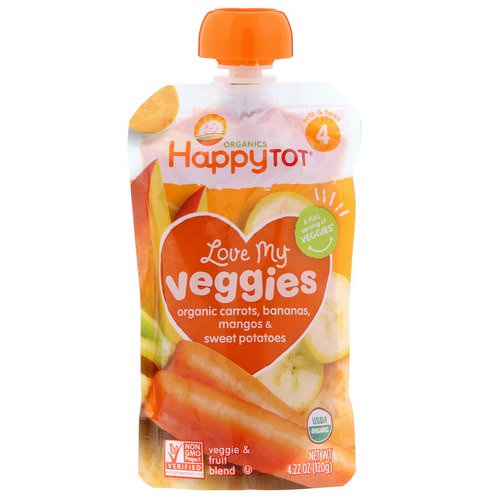 Happy Family Organics, Organics Happy Tot, Love My Veggies, Organic Carrots, Bananas, Mangos & Sweet Potatoes, 4.22 oz (120 g) فوائد