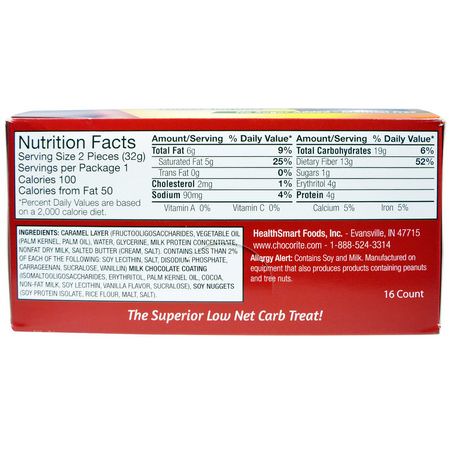HealthSmart Foods, Chocorite, Chocolate Crispy Caramel, 16 Count, 1,13 oz (32 g):حل,ى, ش,ك,لاتة