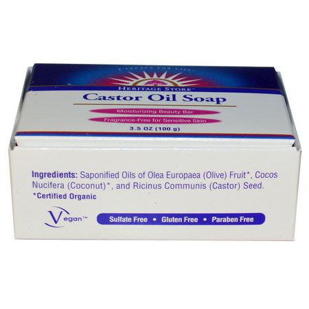 Heritage Store, Castor Oil Soap, Moisturizing Beauty Bar, 3.5 oz (100 g):شريط الصابون, دش