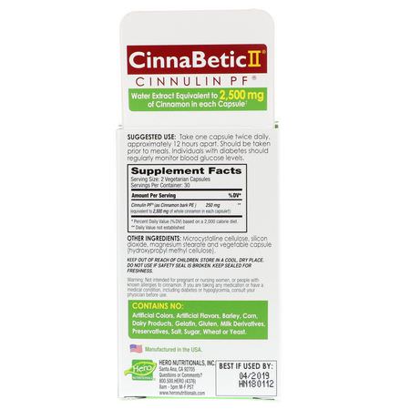 Hero Nutritional Products, CinnaBetic II, Cinnamon Water Extract, 60 Vegetarian Capsules:نسبة السكر في الدم, دعم الدم