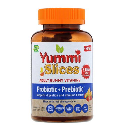 Hero Nutritional Products, Yummi Slices, Adult Gummy Vitamins, Probiotic + Prebiotic, Natural Strawberry and Orange Flavors, 60 Gummy Vitamins فوائد