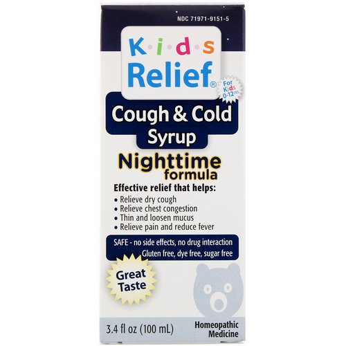 Homeolab USA, Kids Relief, Cough & Cold Syrup, Nighttime Formula, 3.4 fl oz (100 ml) فوائد