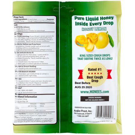 Honees, Cough Drops, Honey Lemon, 20 Cough Drops:أد,ية السعال, التهاب الحلق