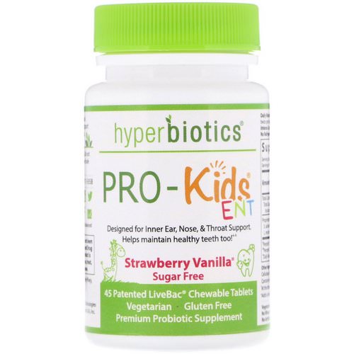 Hyperbiotics, PRO-Kids ENT, Strawberry Vanilla, Sugar Free, 45 Patented LiveBac Chewable Tablets فوائد