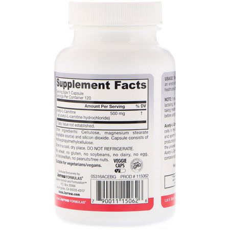 Jarrow Formulas, Acetyl L-Carnitine 500, 500 mg, 120 Veggie Caps:Acetyl L-Carnitine, الأحماض الأمينية