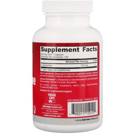 Jarrow Formulas, L-Glutamine, 750 mg, 120 Veggie Caps:L-Glutamine, أحماض أمينية
