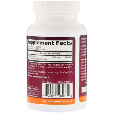 Jarrow Formulas, Pantothenic Acid B5, 500 mg, 100 Veggie Caps:فيتامين ب, الفيتامينات