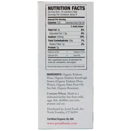 Jovial, Organic Sourdough Einkorn Crackers, Rosemary, 4.5 oz (128 g):المفرقعات, ال,جبات الخفيفة