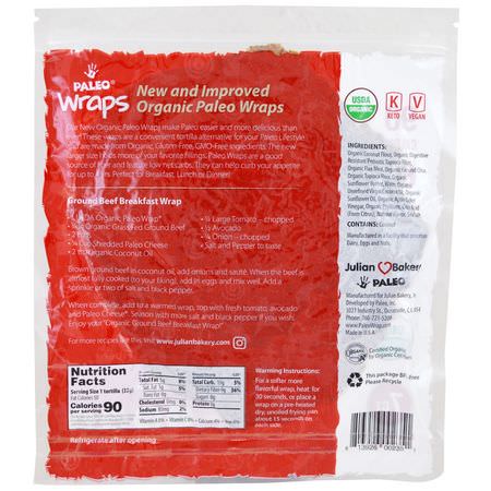 Julian Bakery, Organic Paleo Wraps, 7 Wraps, 7.7 oz (224 g):الأغطية, الخبز