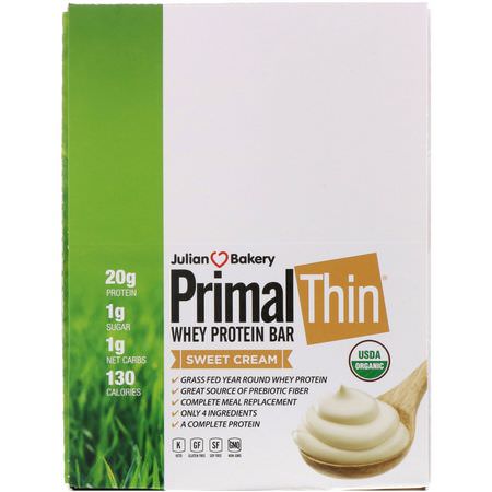 Julian Bakery, PrimalThin Whey Protein Bar, Sweet Cream, 12 Bars, 1.43 lbs (648 g):الحانات الغذائية