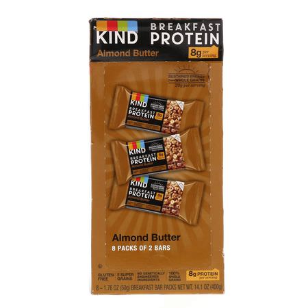 KIND Bars, Breakfast Protein, Almond Butter, 8 Pack of 2 Bars, 1.76 oz (50 g) Each:حب,ب الحب,ب, الإفطار