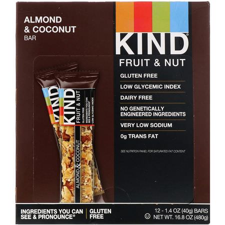 KIND Bars, Fruit & Nut Bar, Almond & Coconut, 12 Bars, 1.4 oz (40 g) Each:قضبان ال,جبات الخفيفة ,الحانات الغذائية