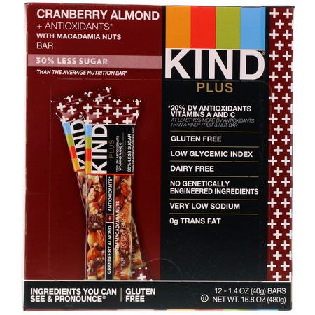 KIND Bars, Kind Plus, Cranberry Almond + Antioxidants with Macadamia Nuts, 12 Bars, 1.4 oz (40 g) Each:قضبان ال,جبات الخفيفة ,الحانات الغذائية