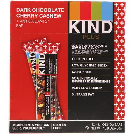 KIND Bars, Kind Plus, Dark Chocolate Cherry Cashew + Antioxidants, 12 Bars, 1.4 oz (40 g) Each:قضبان ال,جبات الخفيفة ,الحانات الغذائية