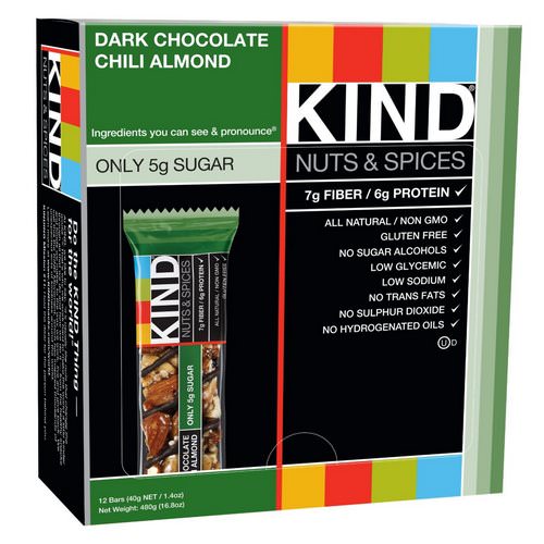 KIND Bars, Nuts & Spices, Dark Chocolate Chili Almond, 12 Bars, 1.4 oz (40 g) Each فوائد